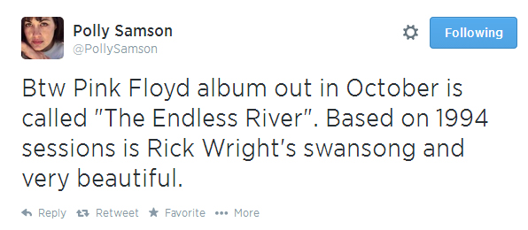 Polly Samson tweets about new Pink Floyd album